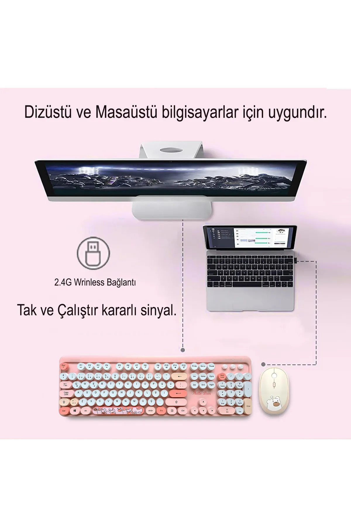 Mofii Hellobear Yuvarlak Tuşlu Ayıcık Desenli Kablosuz Pembe Klavye Mouse Set